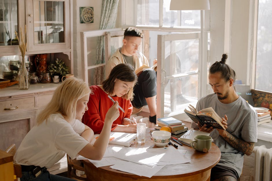 A group of college students studying in a bright, cozy room